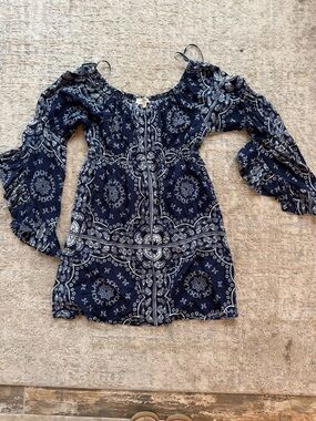 Entro barns Navy Blue Boho Paisley Off-Shoulder Dress